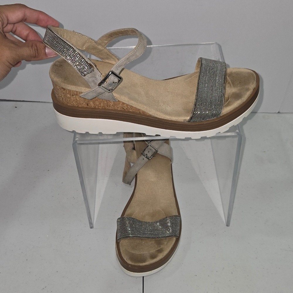 Van Eli Womens 9.5N Taupe Suede Rhinestone Wedge Sandals Cork Platform AC704